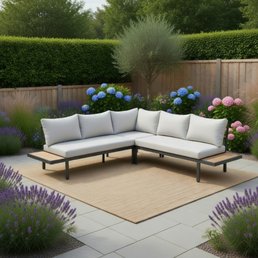 Japandi loungeset teak hardhout zwart – Hoek loungebank tuinset 5 personen