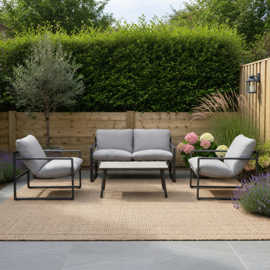 Loungeset tuin Puro groen/beige staal – Moderne tuinset met kussens